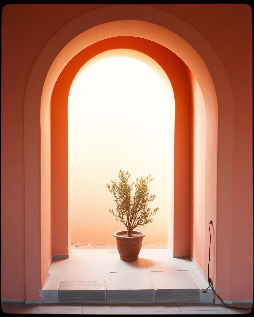 Warm terracotta archway with a small olive tree
